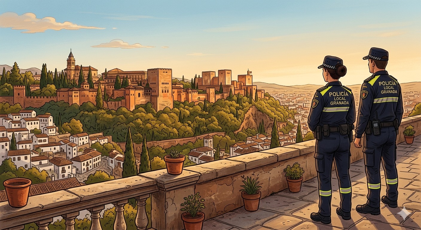 Policía Local de Andalucía con vistas a la Alhambra de Granada